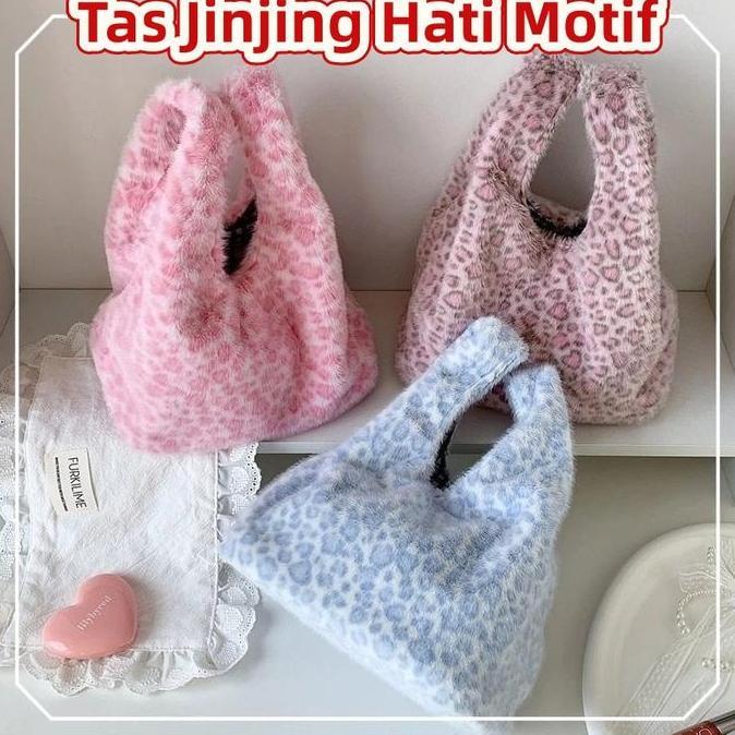 KEWEREM Tas Jinjing Berbulu Kapasitas Besar Tas Tangan Motif Macan Tutul Tas Bahu Bulu Jinjing Fashi