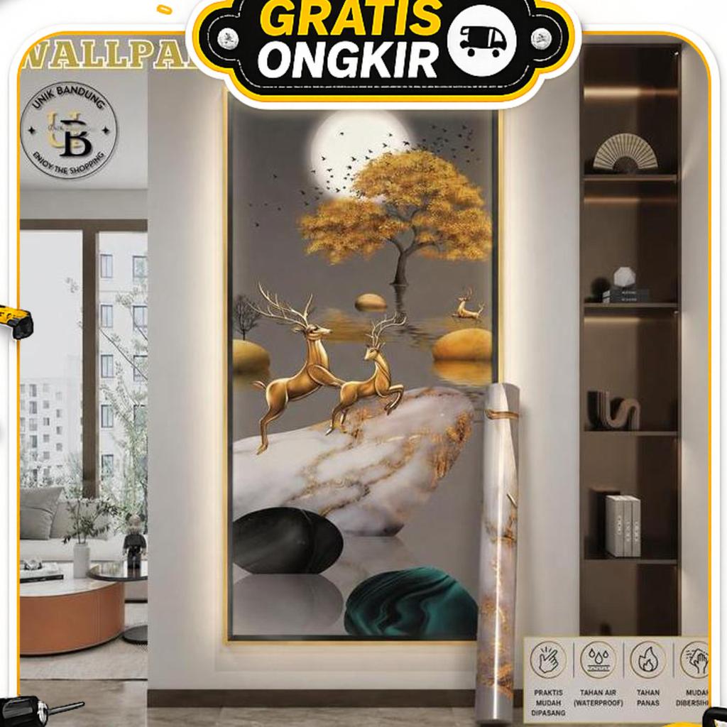 Wallpaper Dinding 3D Motif Rusa Emas & Pohon Golden Dekorasi Dinding Rumah Aesthetic Mewah Elegan - 