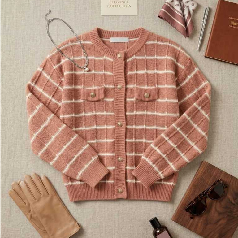 Miracle in fashion - Luxury Grade Tweed Style Grid Cardigan Rajut Outer Mewah Wanita Cardigan Kancin