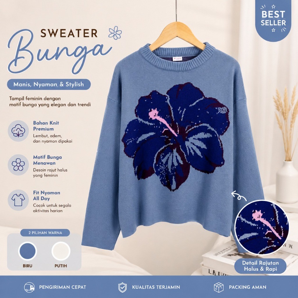 Sweater Rajut Wanita Motif Bunga / Atasan Rajut Floral Premium Oversize Aesthetic