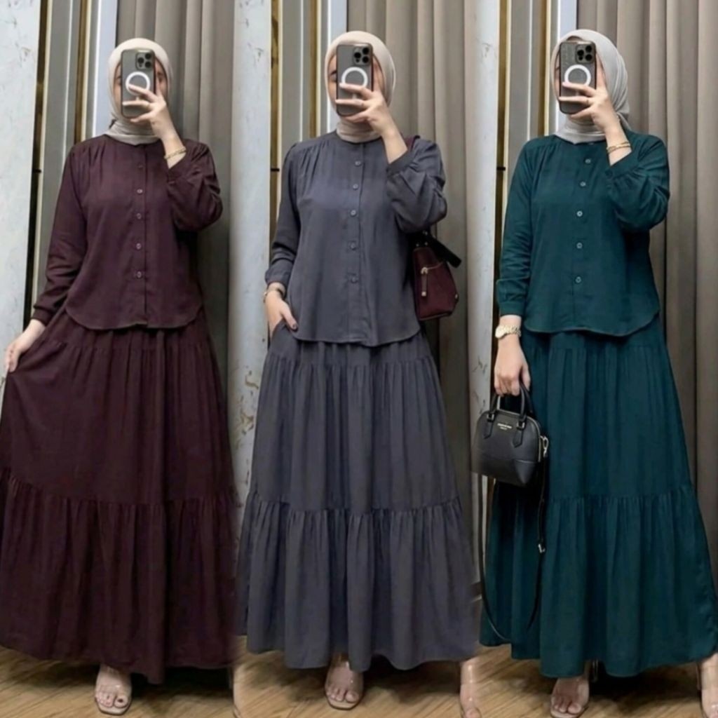 Oneset Rok Rayon Polos - Set Rok 2in1 Bahan Rayon Twill Setelan Wanita Jumbo Set Rayon Rok Dan Blous