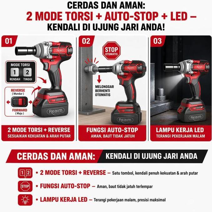 EPTEMU REAIM Impact Wrench Cordless Kunci Impact Listrik Kunci Shock Elektrik Mesin Kunci Baut Mobil