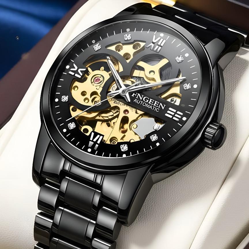 Jam Tangan Pria Original Otomatis Tanpa Baterai FNGEEN Jam Tangan Cowok Mesin Mekanik Transparan Sta