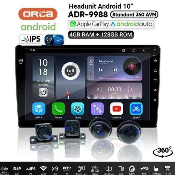 Paket Android Orca Adr-9988 4/128+ Camera 360 Orca 4Pcs All In Car