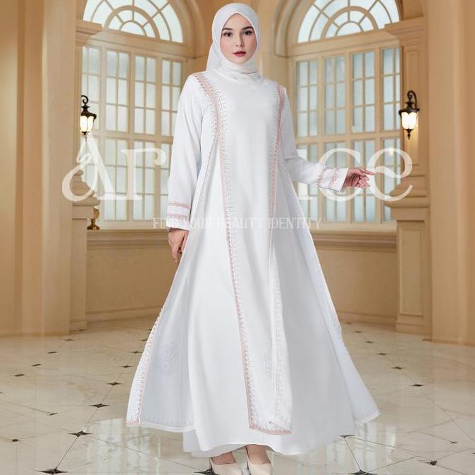 ARALLUCE 044 Gamis Abaya Putih Wanita Simple dan Elegan dengan Desain Minimalis dan Renda Bordir den