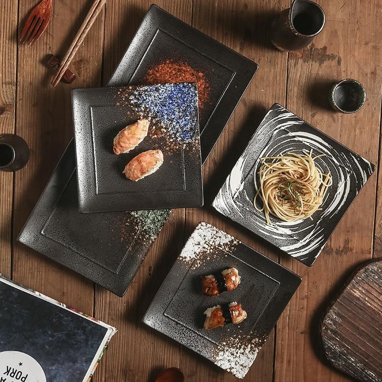piring sushi keramik motif galaxy stone kotak persegi tahan panas microwaveable safe/ piring saji ke
