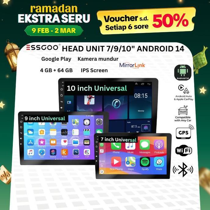 WAHIBKELONTONG - ESSGOO HEAD UNIT ANDROID 14 MOBIL 4G+64G 7/9/1 INCH 2 DIN KONTROL SUHU CERDAS IPS L