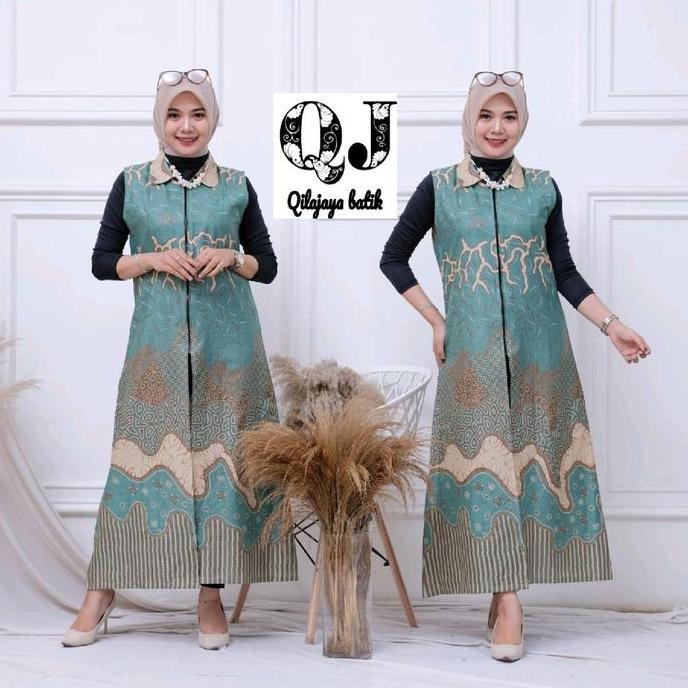 Outer Batik Longkardi, Tanpa Lengan Katun, Outerbatik Katun Panjang Sage Kardigan Long Cardigan Dres
