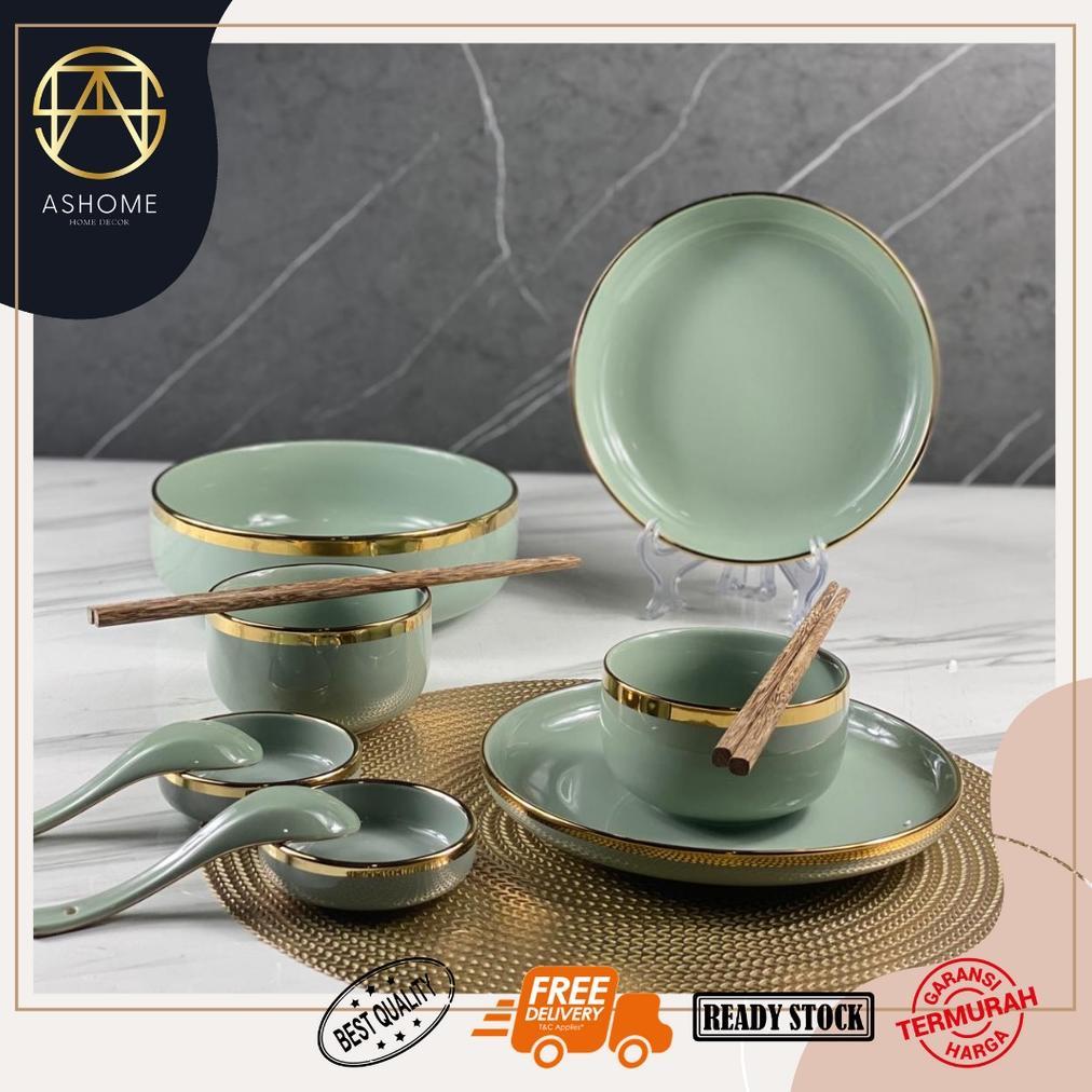 Piring Set 2 Orang Piring Makan Set Keramik Light Green Gold Isi 9 Pcs / Piring Set Keramik List Ema