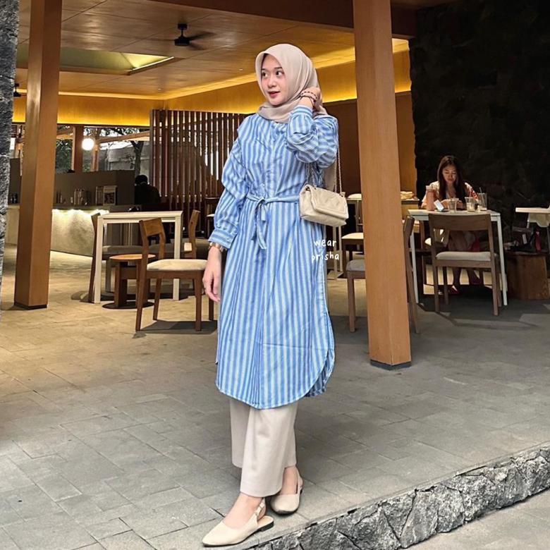 Ivy Stripe Midi Dress | Tunik Salur Oversize Gamis Garis Katun Ramadhan Sale