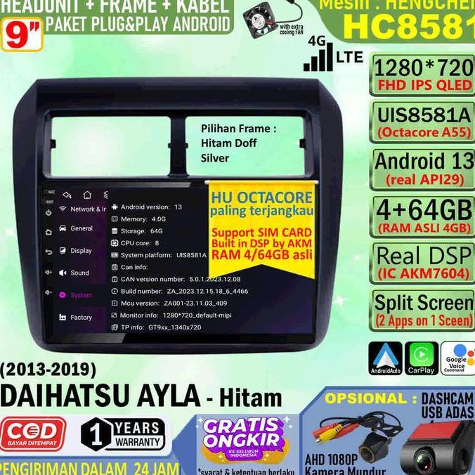 Murah Paket Headunit Android 9 Inch + Frame + Soket Pnp Daihatsu Ayla 2013 - Hitam Hengchen Uis8581A