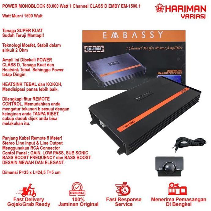Murah Power Monoblok Embassy 1Ch Em 1500.1 Class D - Embassy Monoblok 1Ch