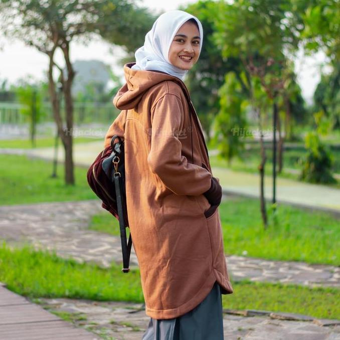 Free Souvenir - Best Seller | Hijacket Elektra Brown | Jaket Wanita Muslimah Syar'I Panjang | Hoodie