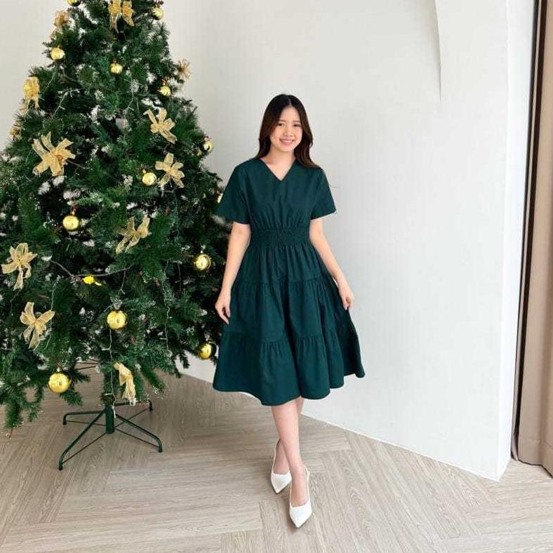 CUCI GUDANG VERA MIDI DRESS | BAJU DRESS NATAL CHRISTMAS MAROON EMERALD