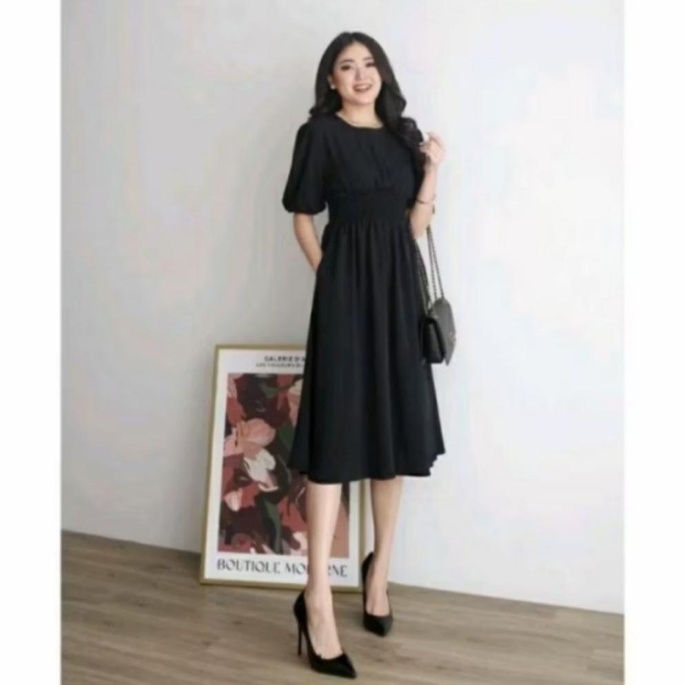 New Soora Midi Dress Wanita, Dres Pesta Lengan Karet