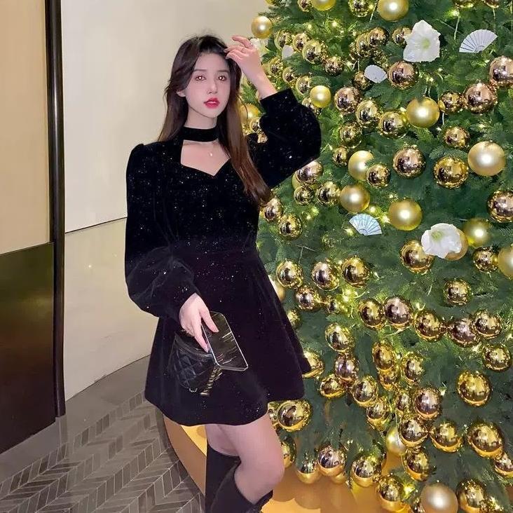 HOT PRODUCT EMITA BLOOM baju mini dress hitam tanpa lengan lucu wanita party dress korea style terba