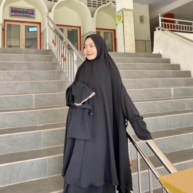 Mukena Tunik Super Jumbo Berlengan Crincle Airflow Mukena Umroh hitam elegan