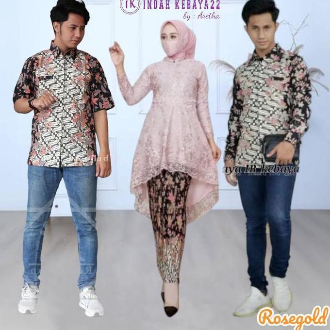 PR0M0 Setelan Couple Kebaya Tunik Payet Modern Elegan Brokat Tile Remaja Pasangan Kemeja Batik Pria 