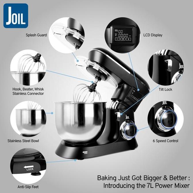 Coolkitchen- Joil Stand Mixer 7 Liter Dengan Timer Off 6 Speed Mangkuk Stainless Steel Lengkap Denga