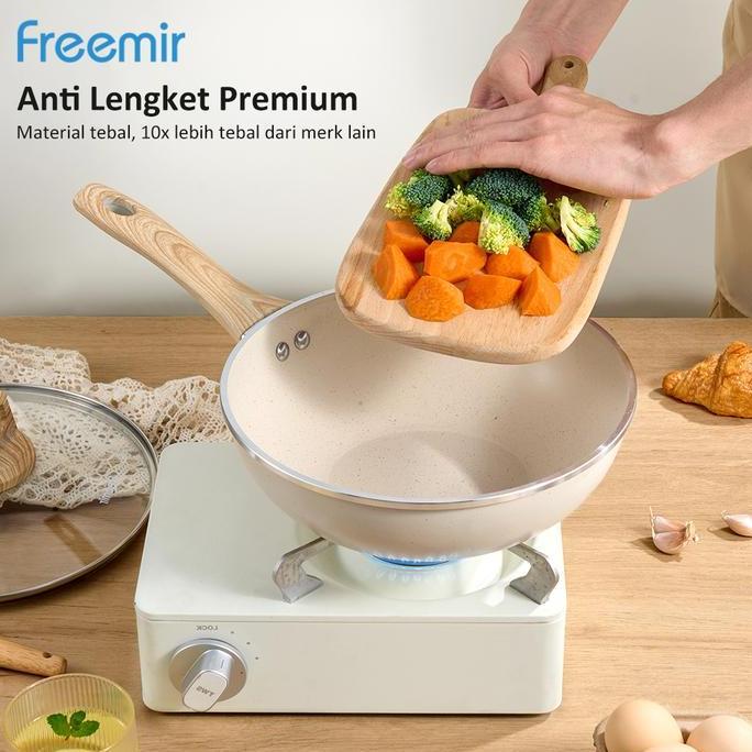 Altwood- [Baru] Freemir Beige 24Cm Wajan Wokpan Panci Anti Lengket Satu Gagang +Tutup Kaca Teflon Mu