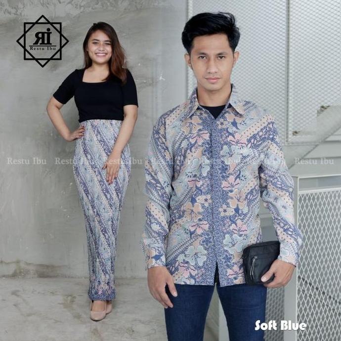 Hadirpopuler- Stelan Couple Kemeja Lengan Panjang  Pria Dan Rok Plisket Wanita Motif Batik Cocok Unt