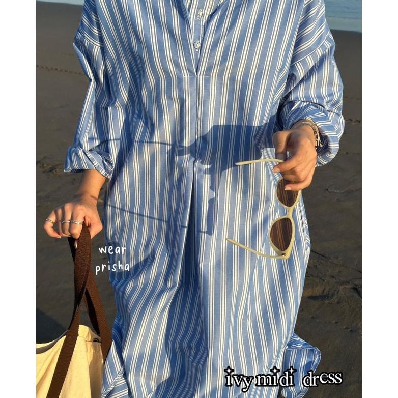 Ivy Stripe Midi Dress | Tunik Salur Oversize Gamis Garis Katun Original