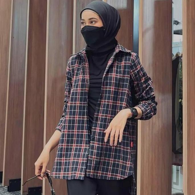 [WAR 5.5] DAUKY Baju Atasan Tunik Panjang M Tunic Basic Tartan Motif Kotak Wanita Muslim Dewasa Rema