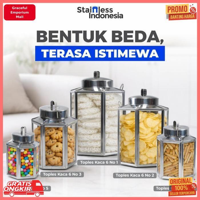 Termurah Toples Lebaran Segi Enam Mini Kaca Stainless Kapasitas 2 Liter Bentuk Unik, Aman Untuk Maka