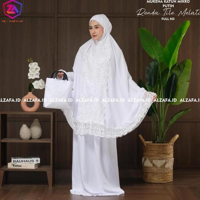 Mukena Dewasa Katun Mikro Putih Bersih Brokenwhite Renda Bunga Mellati Motif Full KD Mewah