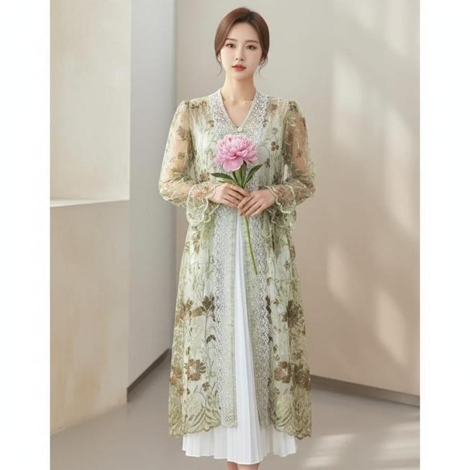 Outer Tile Rensi Bahan Tile Two Tone Atasan Bordir Wanita Kancing KS