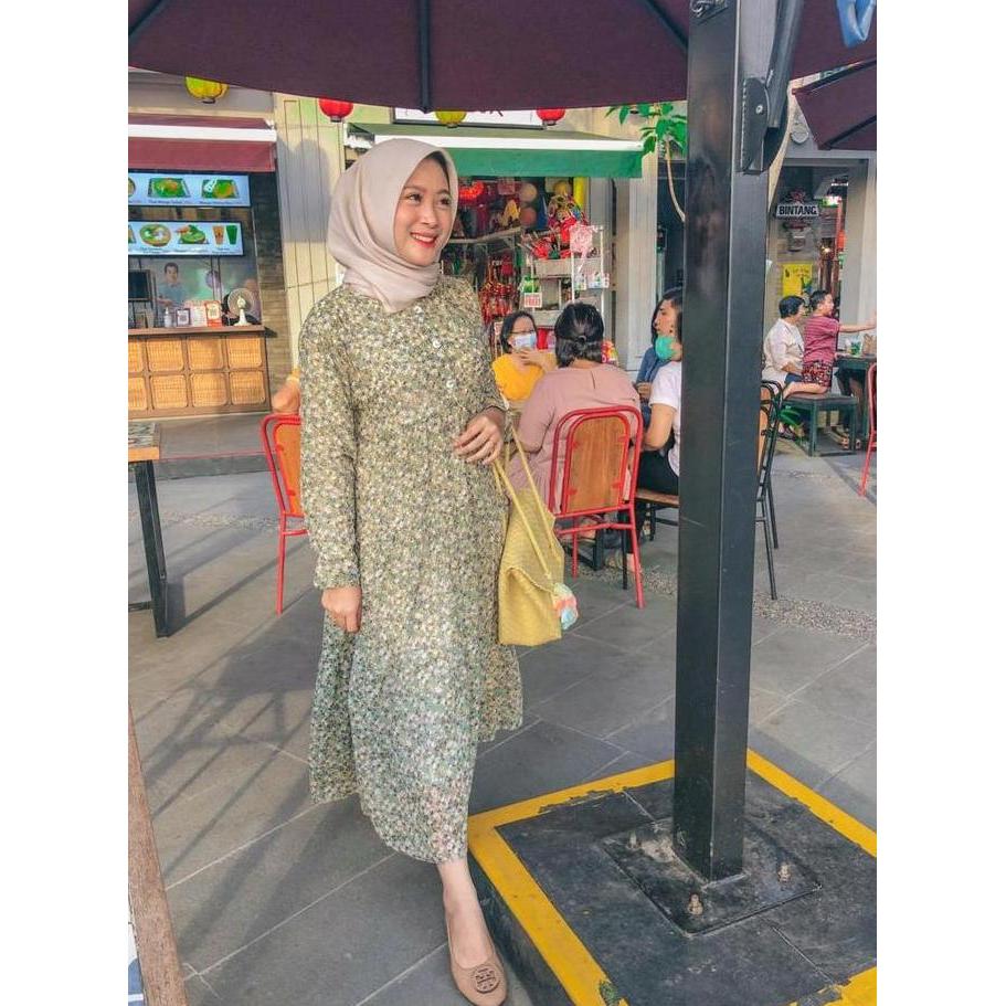 Midi Dress Ceruty Babydoll Premium / Midi Dress Motif Bunga / Dress Ceruty Full Furing / Midi Dress 