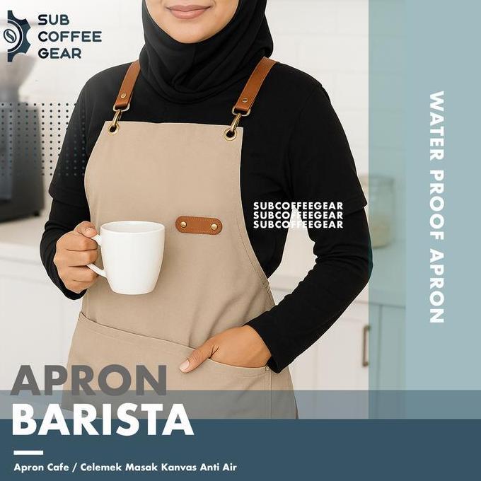 Apron Barista Celemek Anti Air Dengan Saku Waterproof Kitchen Apron Restaurant Waiters Cafe Coffeesh