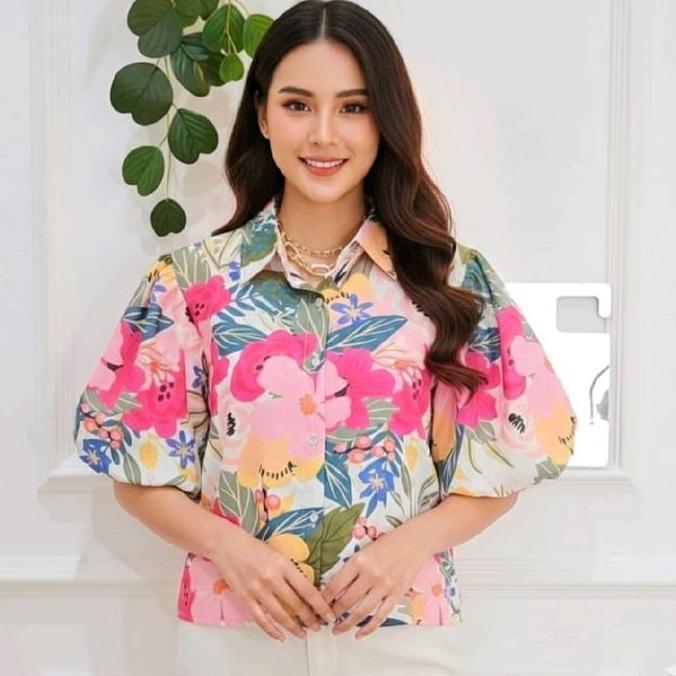 Kemeja Wanita Lengan Balon Import Bahan Silk Premium Motif Bunga Cantik Atasan Blouse Bangkok BKK Ke