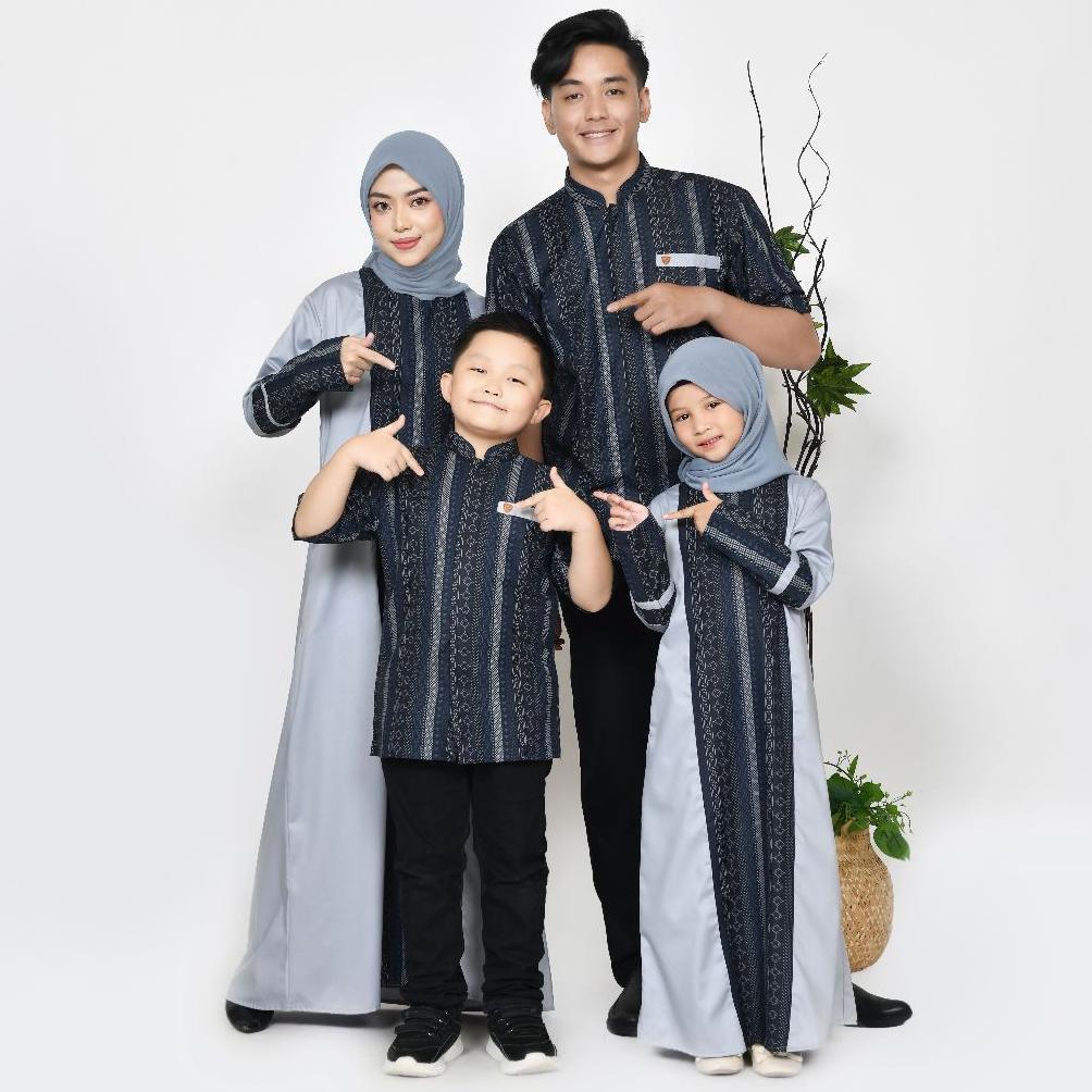 Koko Couple Etnik Sarimbit Keluarga Baju Lebaran Warna Biru Navy Variasi Abu Original