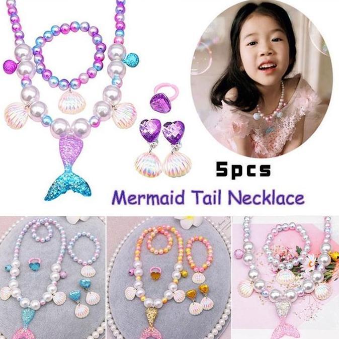 5 pcs/set Aksesoris Putri Duyung Kalung Kerang Mutiara Anting Liontin Pesta Ulang Tahun Anak Perempu