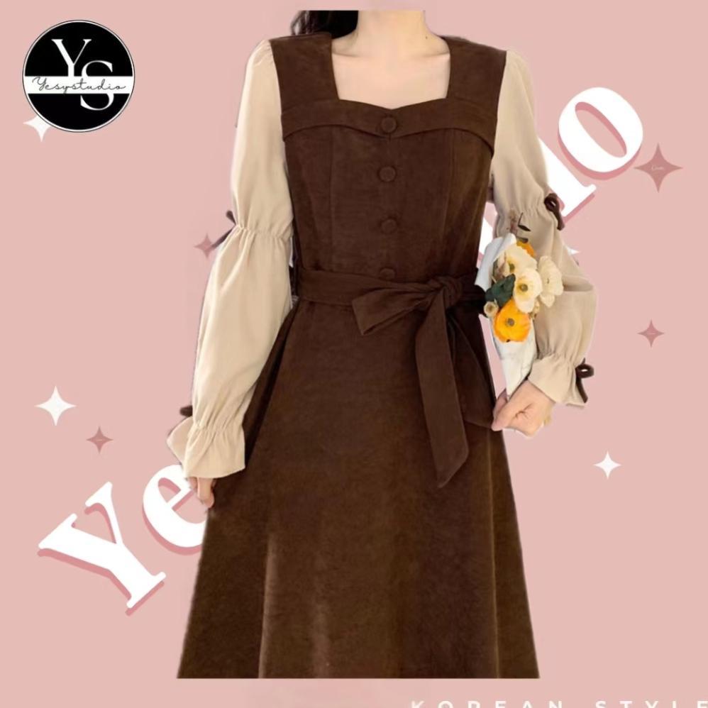 Termurah / Hot Sale Hijab FriendlyDress Nilon Lengan Panjang Pita Korea Style Coklat Retro Vintage