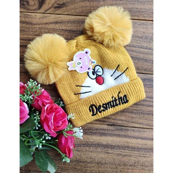 topi rajut pom2 Doraemon bayi tanpa  plus nama