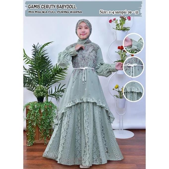 Gamis Ceruty Babydoll Sultan Mix Chantily ( Free Hijab ) Untuk Anak Perempuan Usia 3-12 Tahun | Baju
