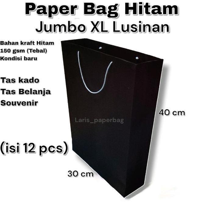 Pacnpac- Paper Bag Kertas Hitam Polos Lusinan Isi 12 Pcs Ukuran Xl 30940 Cm