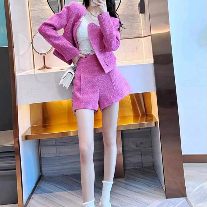 Setgirl- Missmoka Bobbie Set Setelan Tweed Blazer Dan Celana Pendek Gaya Korea