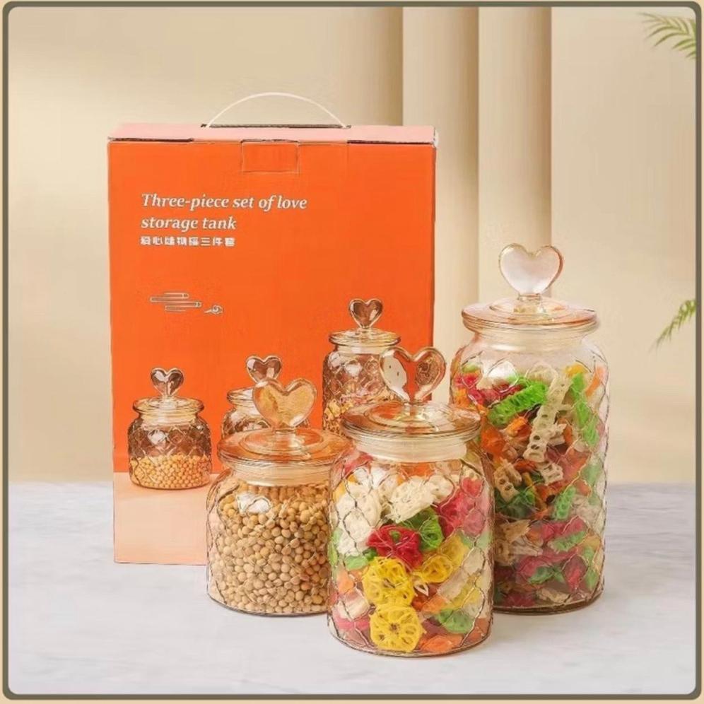 Premium Toples Kaca Tutup Hati Set 3 /Toples Kaca Lebaran/Toples Kue Kaca