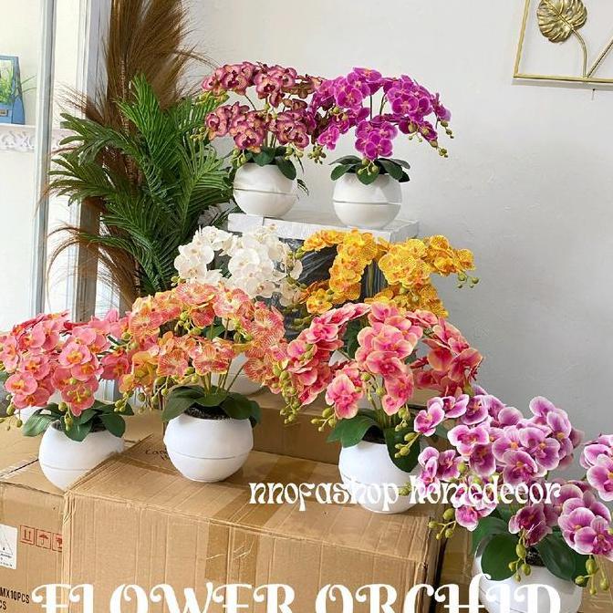 Fiore- Bunga Anggrek Palsu Cabang 8 Vas Bola / Bunga Palsu / Bunga Hias Dekorasi Dekorasi