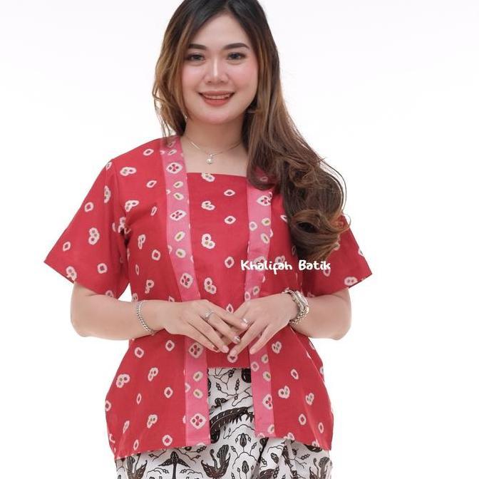 Baju  Seragam Kebaya Motif  Batik Jumputan Kutu Baru Lengan Pendek Jumbo Katun Wanita Dewasa Dress K