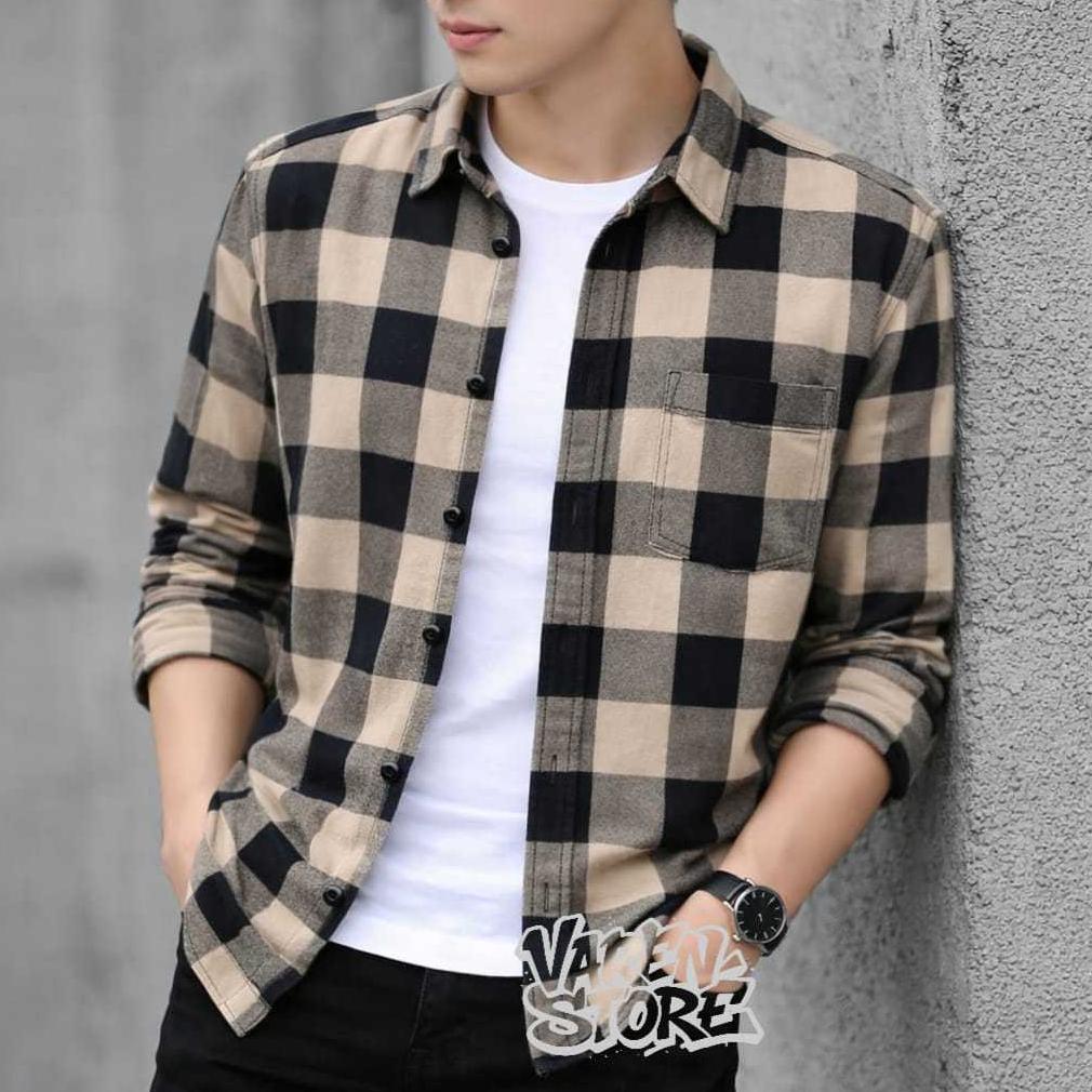 TERMURAH KEMEJA PRIA / BAJU PRIA / KEMEJA FLANEL KOTAK-KOTAK / KEMEJA PRIA LENGAN PANJANG // PUTIH K