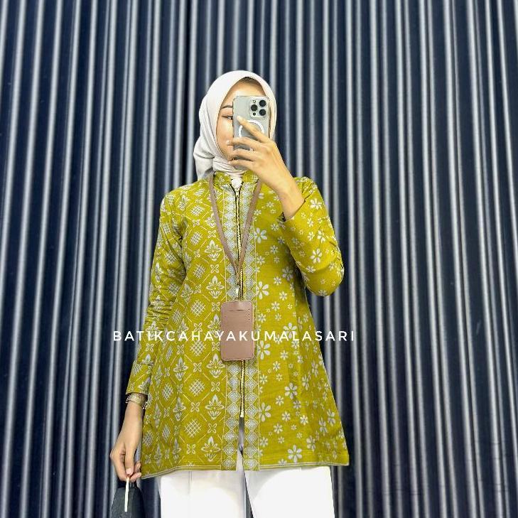 Garansi Tunik Pendek Batik Wanita Lapis Trikot Motif Romecca Lemon - Atasan Kerja Wanita Kuning Lemo