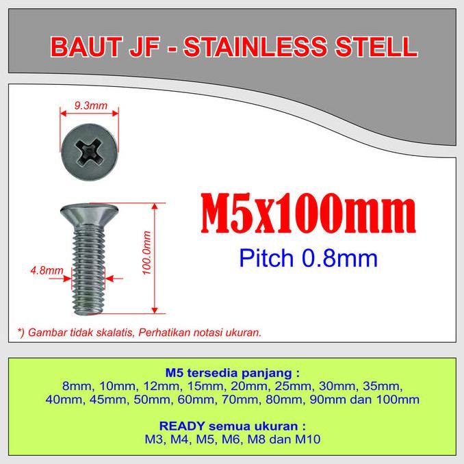 Baut Jf - M5 X100Mm - Baut Versing Obeng Plus - Stainless 304 Premium