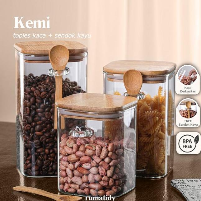Satuan Kemi Toples Kaca Free Sendok Kayu Dengan Tutup Kayu