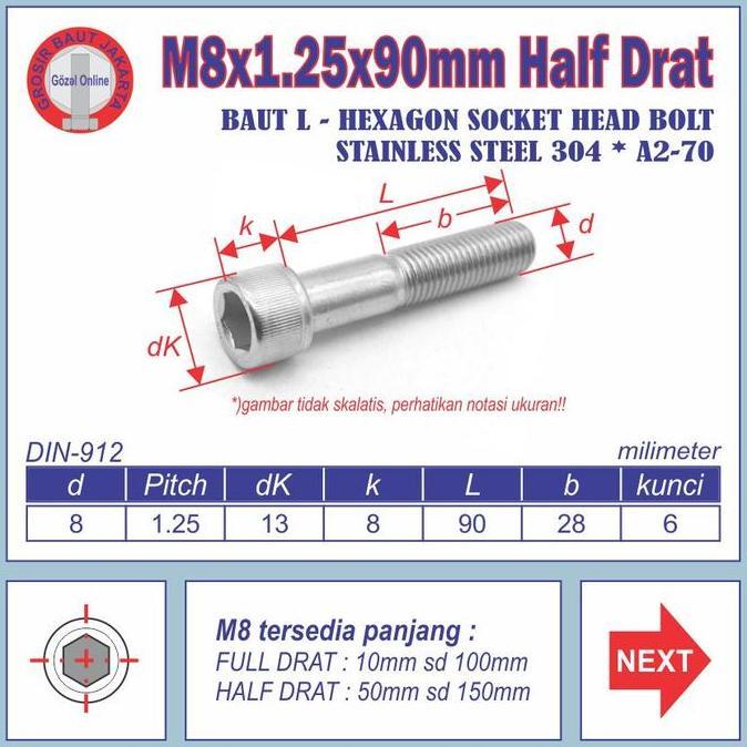 Baut L Ss304 - M8 X90Mm Half Drat - Kunci L 6Mm - Stainless Sus 304 Forsale