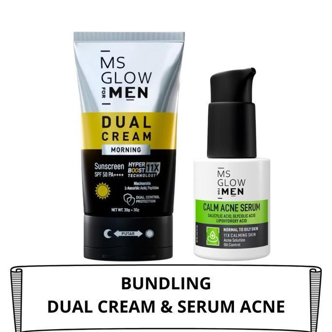 SALE - MS GLOW FOR MEN Paket Bundling Dual Cream Moisturizer Sunscreen SPF 50 PA+++ & Serum Calm Acn