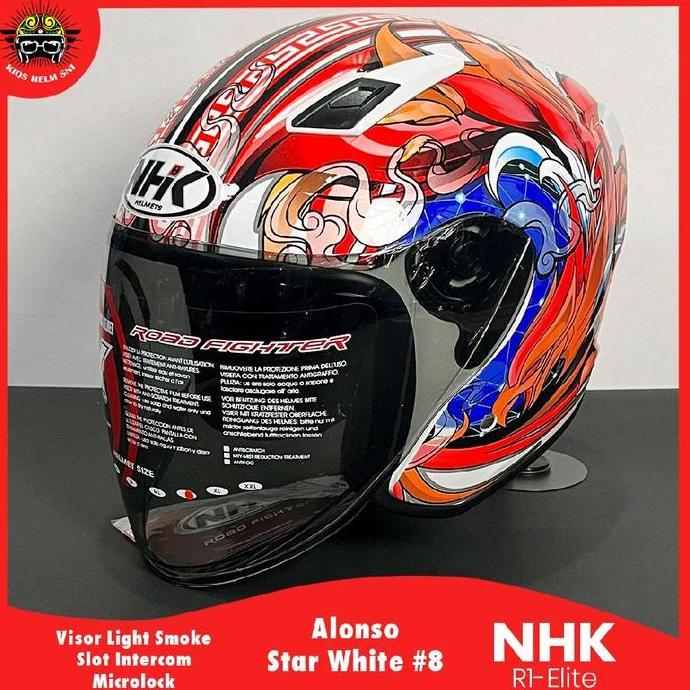 NHK R1 Elite Helm Half F Alonso Seri #8 Starwhite Visor Light Smoke Ventilasi Aktif SNI DOT License 